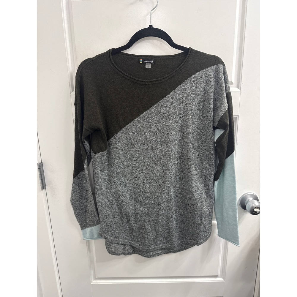 Smartwool Womens Colorblock Merino Wool Blend Long Sleeve Top Olive Gray Blue S